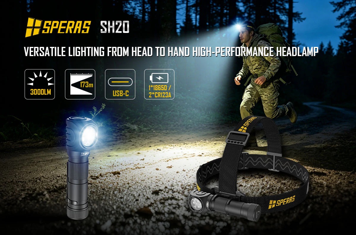 Speras SH20 high-performance headlamp with adjustable strap beside a running hiker in a dark forest scene, advertising features like 3000 lm and USB-C.