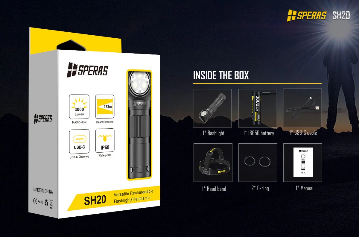 Product box for SPERAS SH20 flashlight with 'Inside the Box' contents shown: flashlight, 18650 battery, USB-C cable, headband, two O-rings, and manual.
