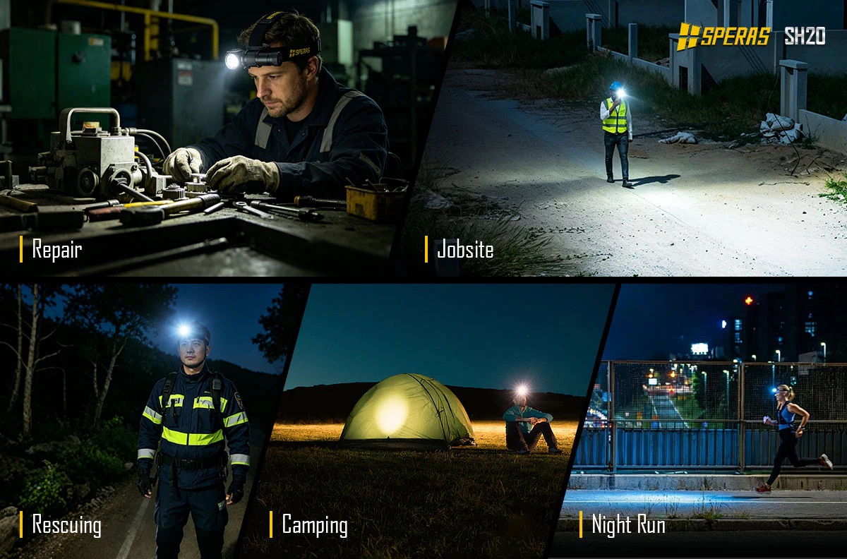 Collage of five service scenes: repair workshop, night jobsite, rescuer in the field, camping at night, and a runner on a city path at dusk/dawn.