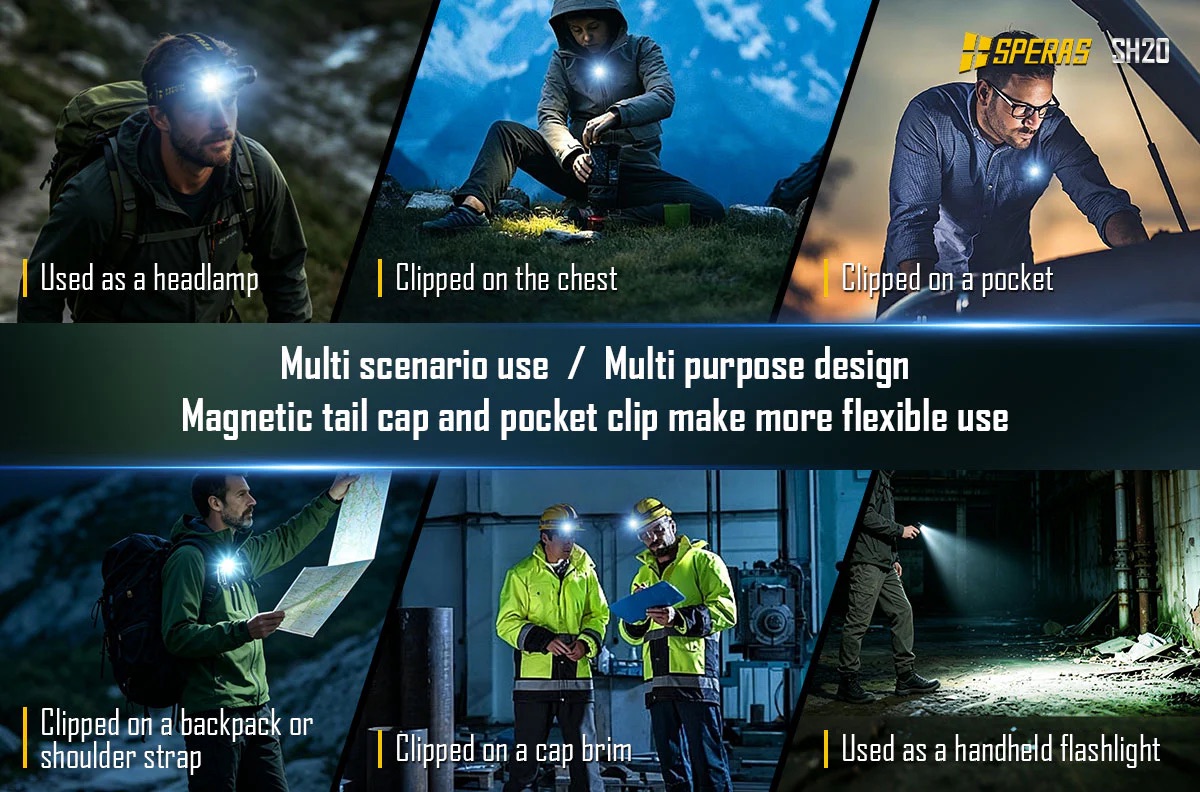 Collage showing a flashlight headlamp used in multiple ways: on head, clipped to chest, clipped to pocket, attached to backpack, cap brim, and as a handheld light in outdoor/industrial scenes.