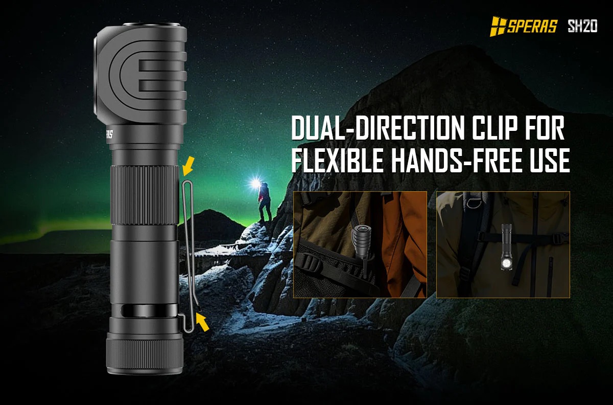 Flashlight with dual-direction clip for hands-free use against a dark outdoor backdrop.