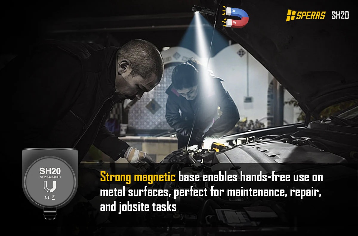 Magnetic base SH20 tool in foreground while two technicians work under a car hood in a dim workshop, illustrating hands-free maintenance.