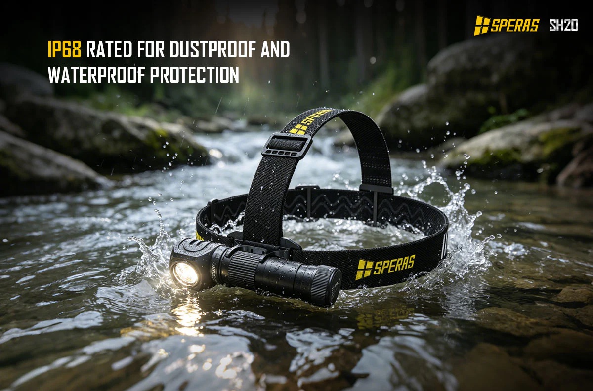 SPERAS SH20 headlamp on a black waterproof headband, lit and floating in a shallow river with splashing water.