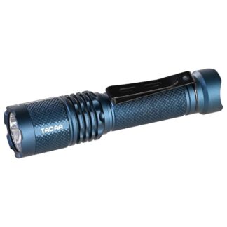 Blue TACAA tactical flashlight with knurled grip and pocket clip for easy carrying