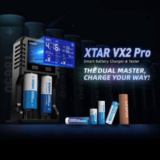 XTAR VX2 Pro dual-slot smart battery charger with LCD screen and attached batteries on display.
