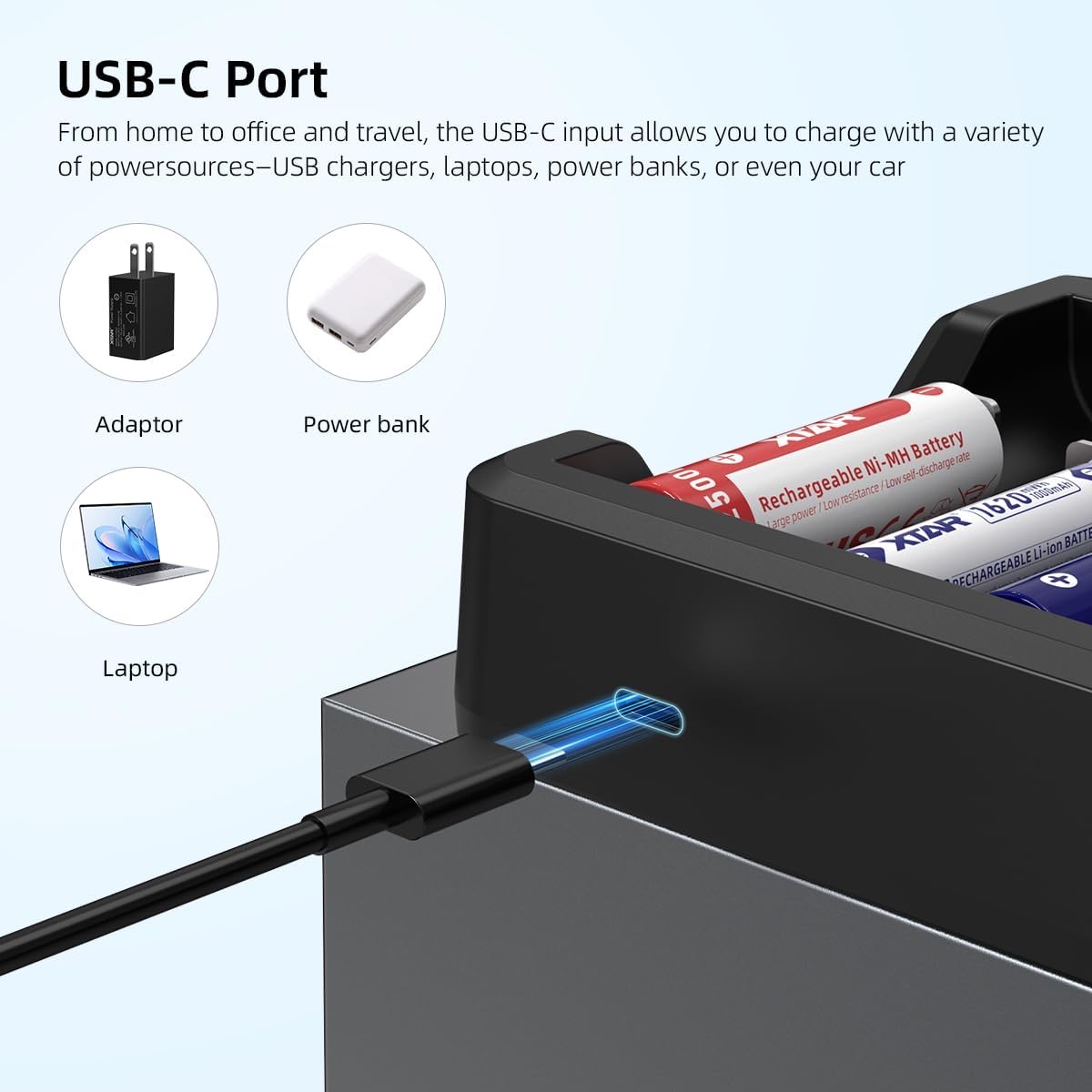 USB-C charging dock connected to a battery pack charges adaptor, power bank, and laptop nearby