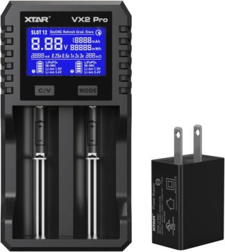 Dual-slot XTAR VX2 Pro battery charger with blue LCD display and separate power adapter shown beside it.