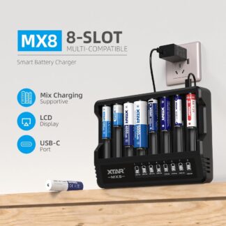 MX8 eight-slot smart battery charger in use, with eight rechargeable batteries charging on a tray plugged into a wall outlet