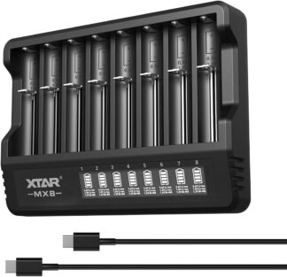 XTAR MX8 eight-slot battery charger with eight charging bays and indicator labels; two USB‑C cables shown below.
