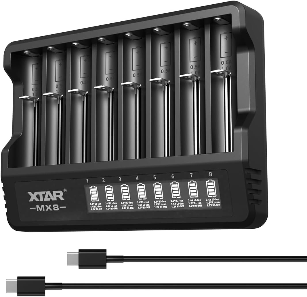 XTAR MX8 eight-slot battery charger with eight charging bays and indicator labels; two USB‑C cables shown below.