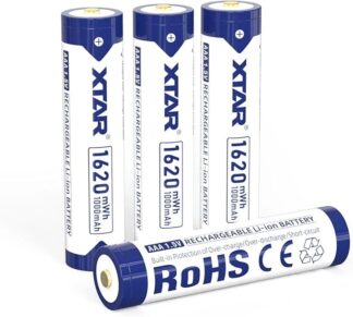 Three AA Xtar rechargeable Li-ion batteries standing upright with one lying down, labeled 1620 mWh, 1000 mAh, blue and white.