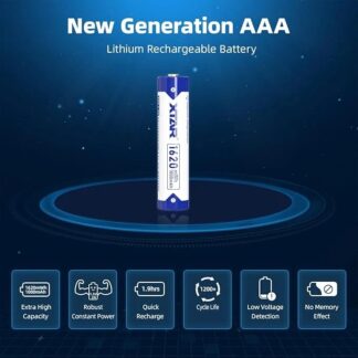 Rechargeable lithium AAA battery standing upright on a blue tech background with six feature icons below (capacity, power, quick recharge, cycle life, low voltage, no memory effect).