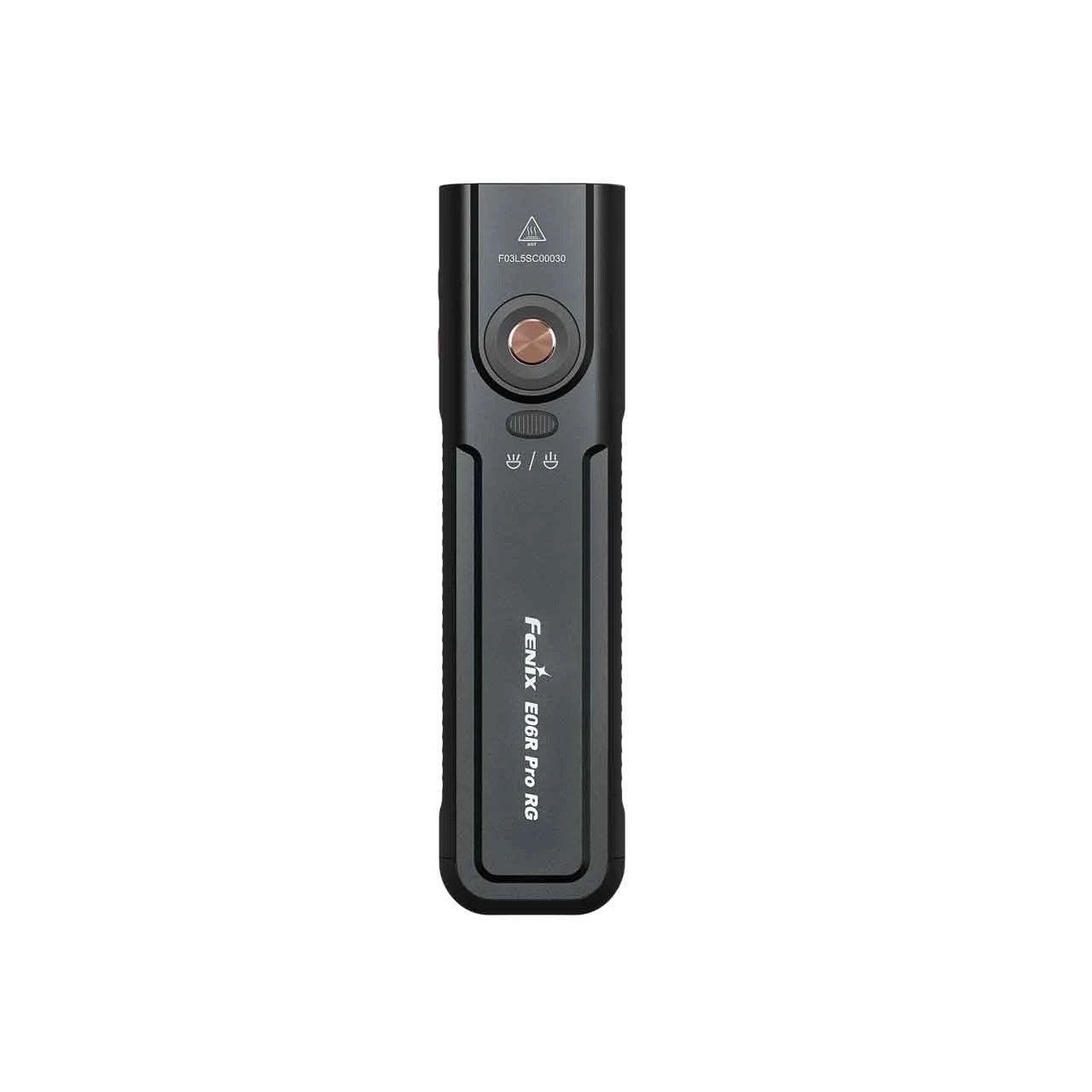 Vertical black Fenix E60R Pro RG flashlight with copper power button at the top.