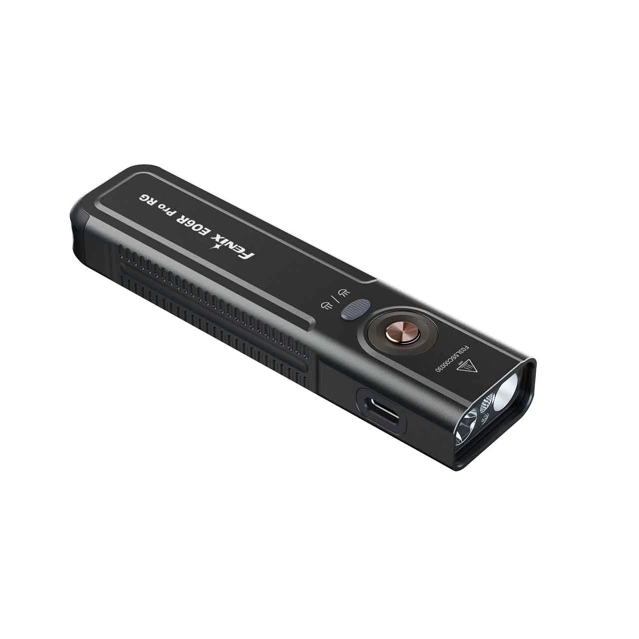 Compact black action camera with a forward-facing lens and side USB-C port visible, oriented diagonally left-to-right