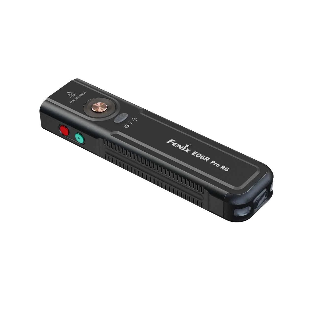 Compact black Fenix E06R Pro RG flashlight with copper power button on top and side red/green controls