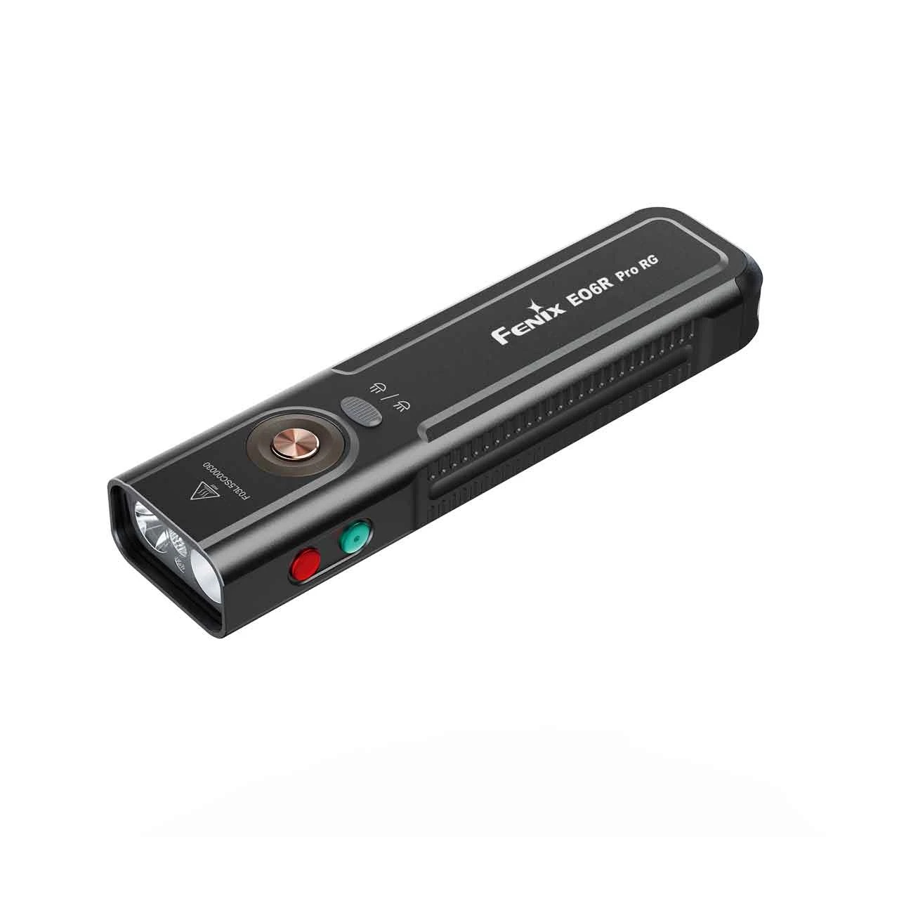 Compact Fenix E06R Pro RG flashlight showing side buttons and lens at the front.