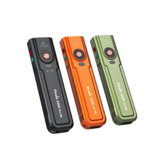 Three Fenix EOGR Pro RG rugged handheld flashlights in black, orange, and green, shown leaning diagonally to the left.