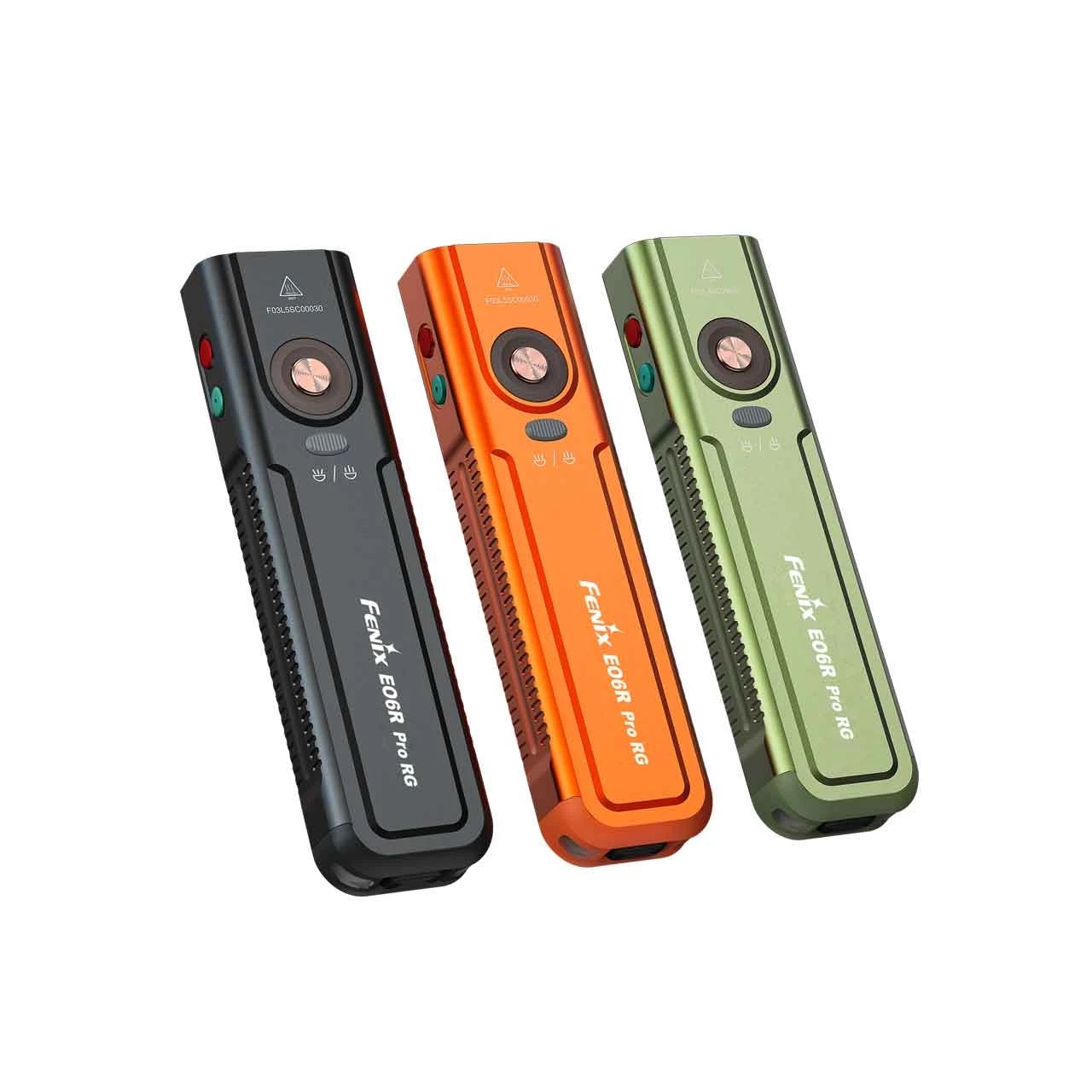 Three Fenix EOGR Pro RG rugged handheld flashlights in black, orange, and green, shown leaning diagonally to the left.