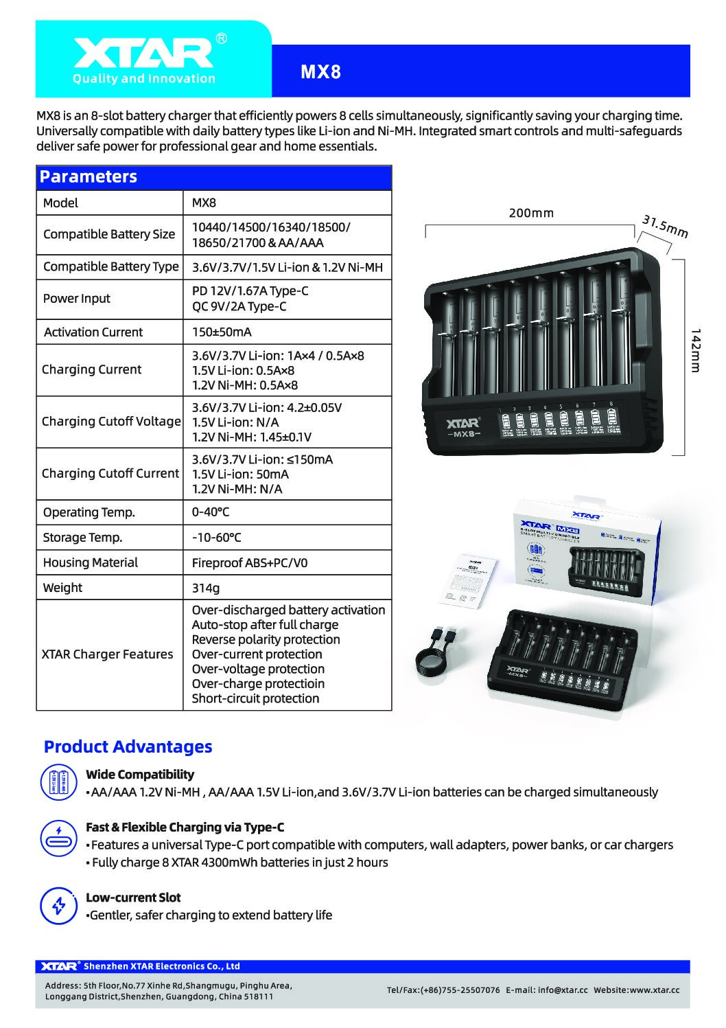 XTAR MX8 8-slot battery charger product sheet with specifications table, images of the charger and packaging, and feature bullets for fast charging and compatibility.