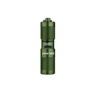 Green compact flashlight with knurled grip and USB-C charging port visible on the side (tactical style)