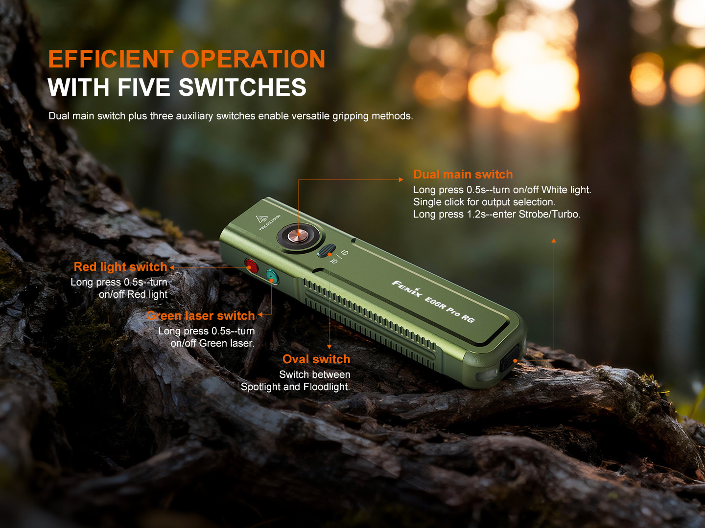 Green multi-switch flashlight resting on a log in a forest, with orange callouts labeling Dual main switch, Red light switch, Green laser switch, and Oval switch for spotlight/floodlight.