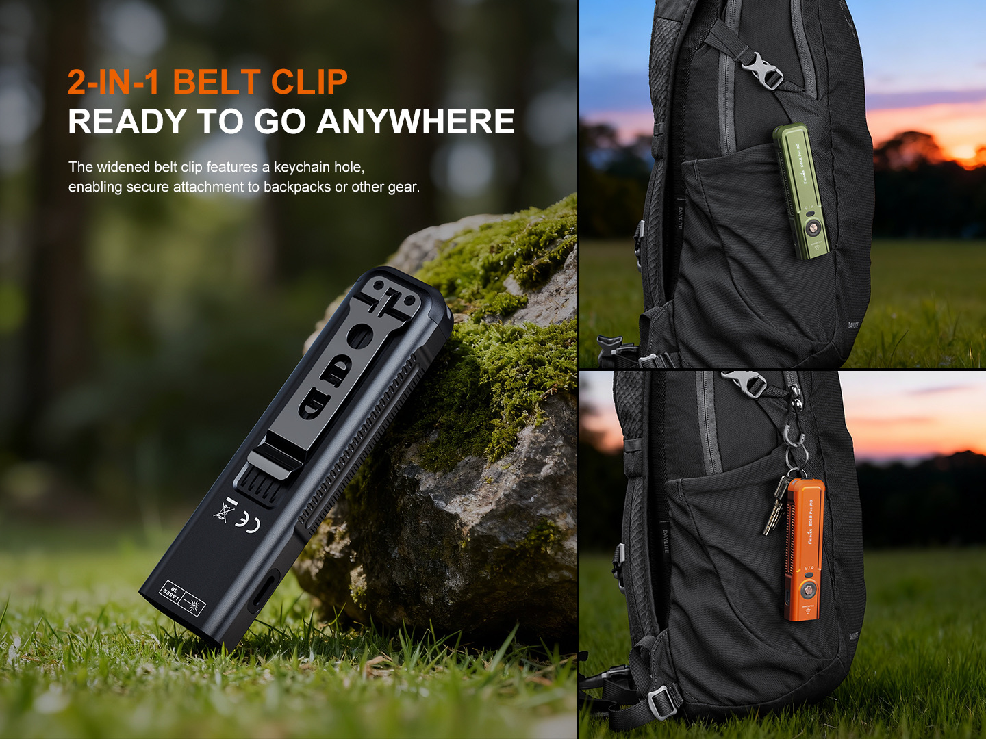 Two-in-one belt clip device attached to a backpack pocket in an outdoor setting, with green and orange color variants shown nearby.