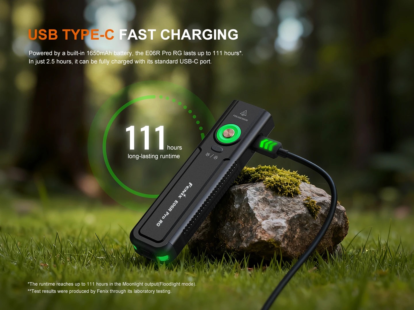 USB Type-C fast charging power bank with a green circular indicator on a mossy rock in a forest setting.