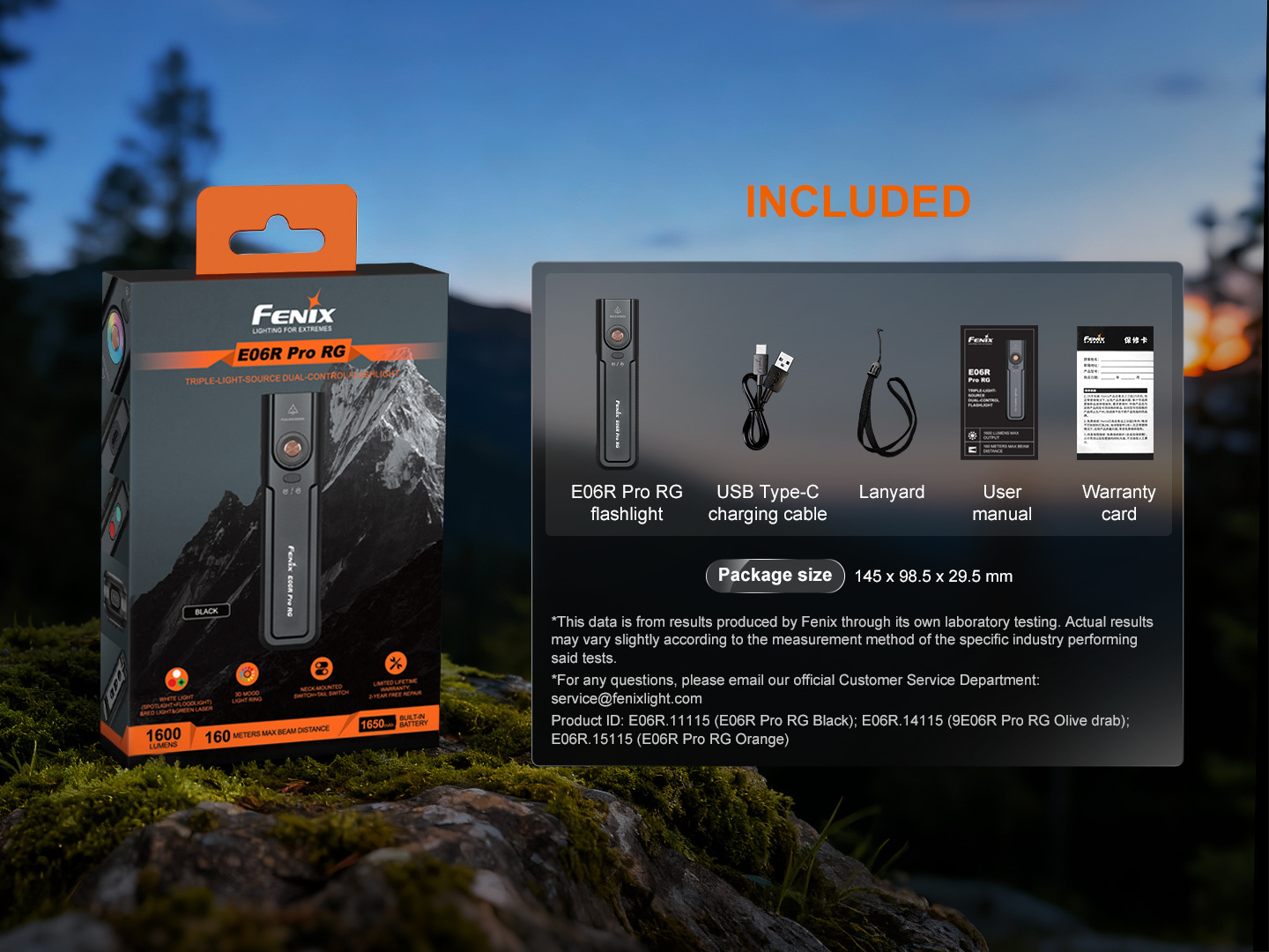 Fenix E06R Pro RG flashlight box on rocks with included accessories: USB-C charging cable, lanyard, user manual, warranty card.