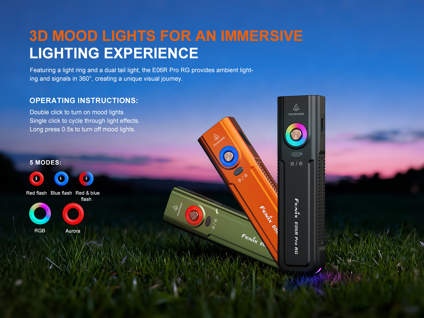 Hero shot of three Fenix E06R Pro RG mood lights in orange, green, and black on grass at dusk, highlighting 5 lighting modes.