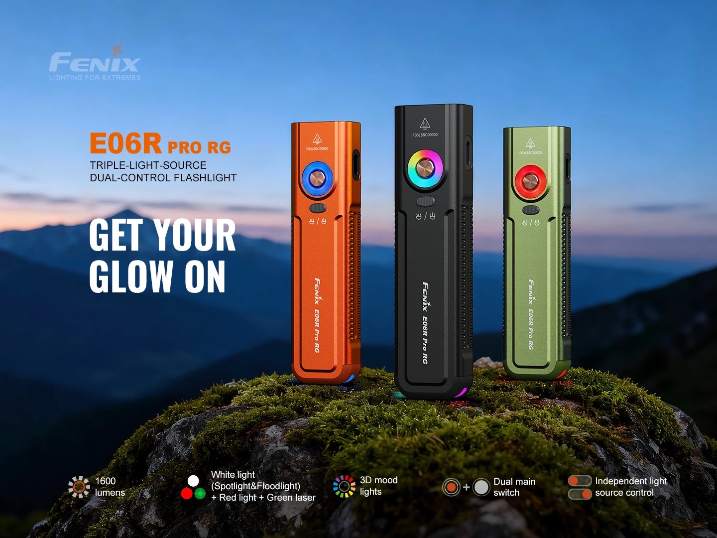 Advertisement featuring three Fenix E06R Pro RG flashlights in orange, black, and green on a rocky outcrop at dusk, with the slogan 'GET YOUR GLOW ON'.