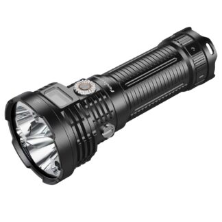 High-powered black flashlight with ridged grip and knurled head, angled for a diagonal view