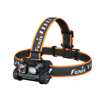 Headlamp with two LED lights and an adjustable gray and orange strap labeled Fenix, designed to wear on the head for hands-free lighting