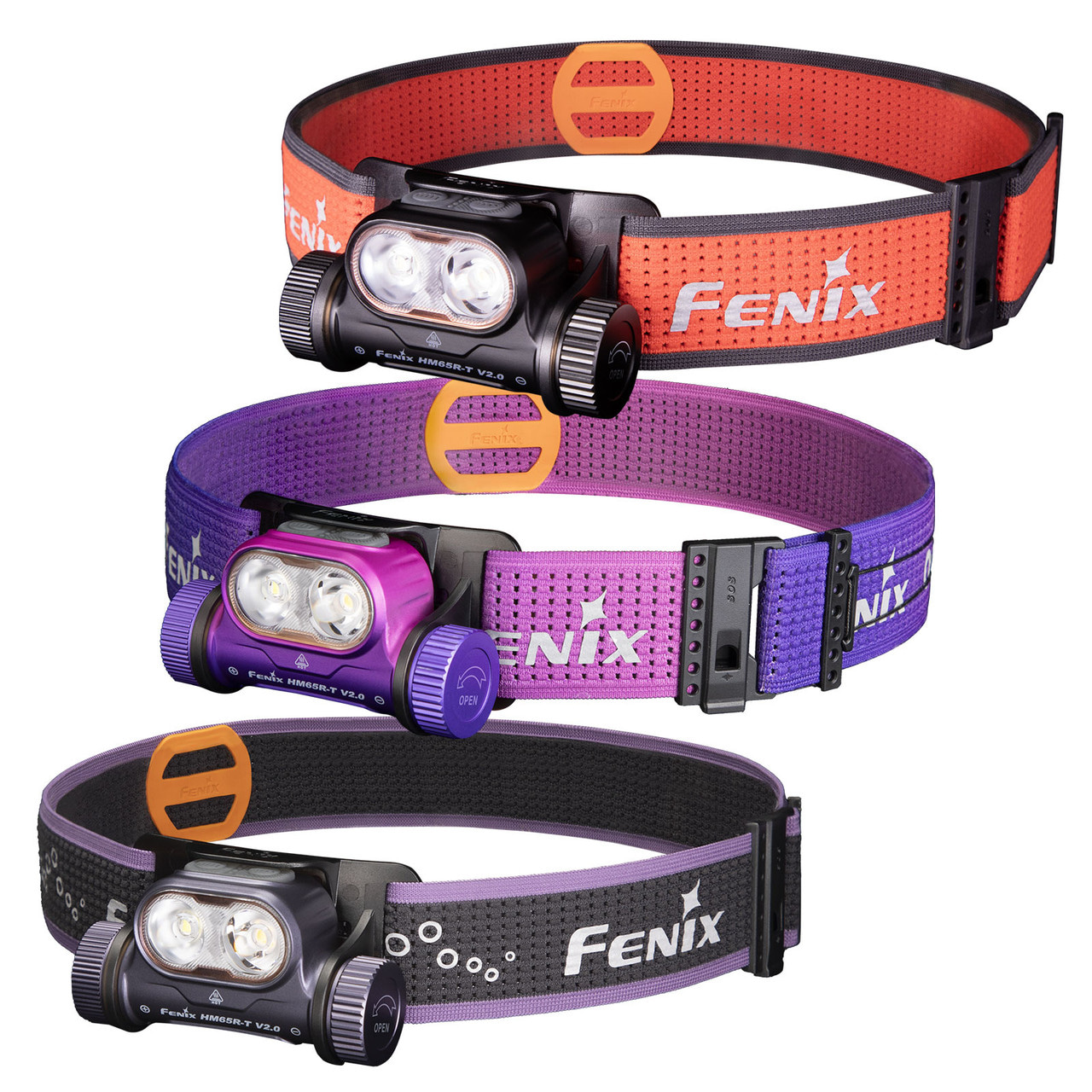 Four Fenix HM65R-T headlamps with colorful adjustable bands (orange, pink, purple, and black) stacked vertically.