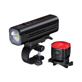 Front bike headlight with a carbon-fiber housing and a red rear light visible beside it, labeled BC28R 2500 Lumens.
