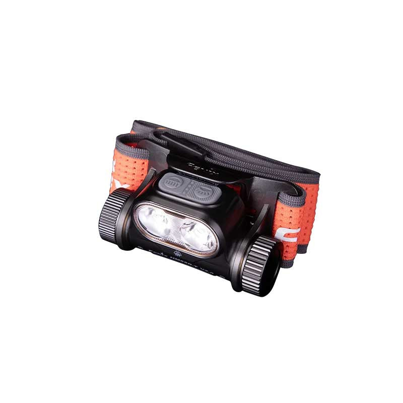 Head-mounted dual-LED flashlight with an orange adjustable strap worn like a headlamp as a hands-free light source