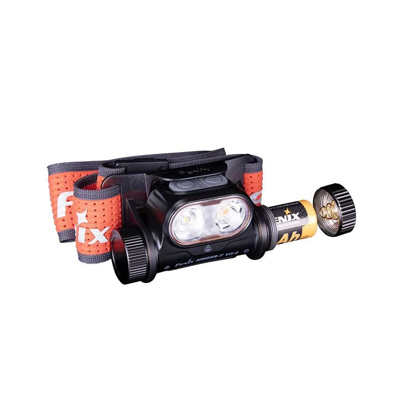 Headlamp with orange adjustable strap and dual-LED front light, battery pack attached for hands-free illumination