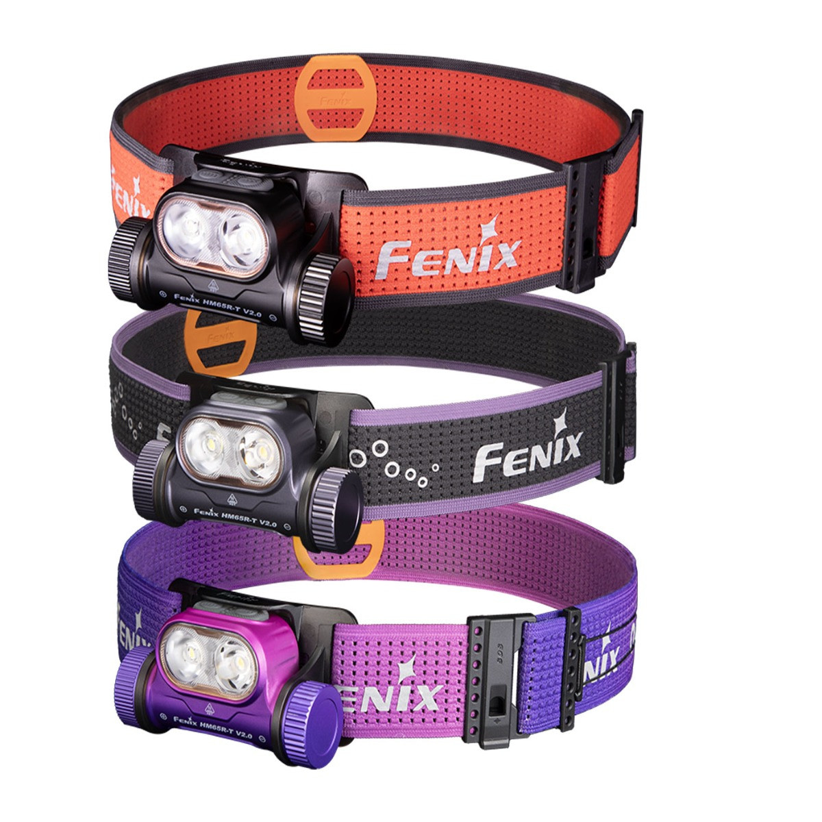 Stack of four Fenix headlamps with orange, gray, purple, and pink adjustable straps on a white background.