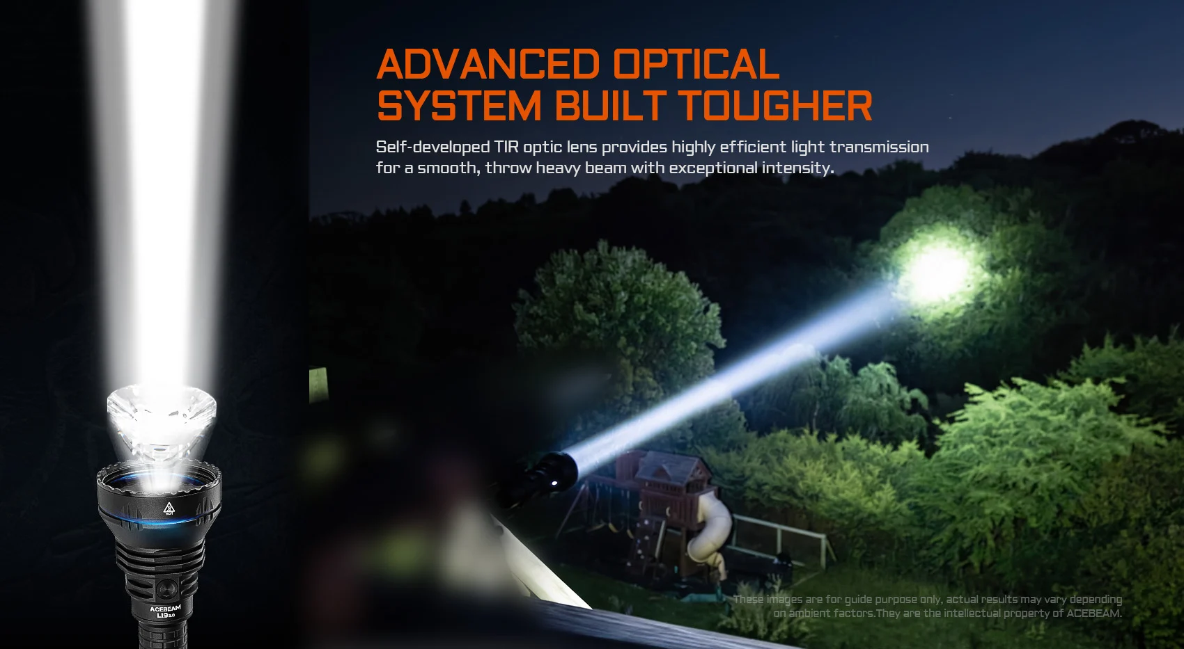 Acebeam L19 2.0 SFT40 TIR optical system producing a focused long-range beam