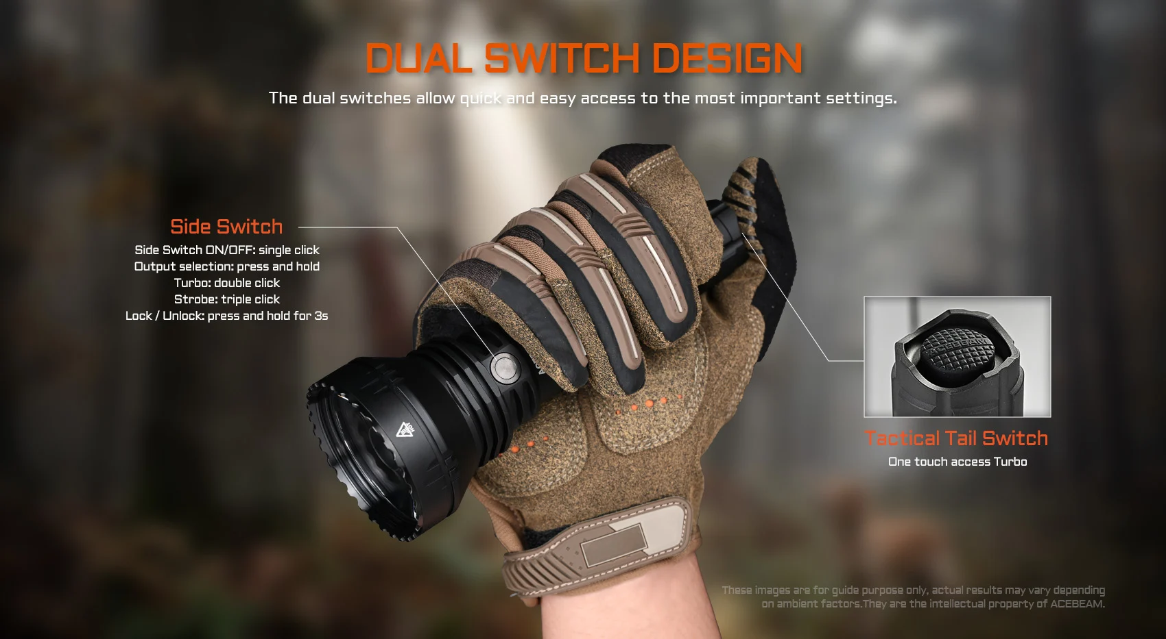 Acebeam L19 2.0 SFT40 dual switch controls with side switch and tactical tail switch