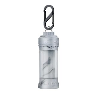 Compact silver metal flashlight in a ridged cylindrical body, hanging from a black carabiner clip for easy clipping to gear or bags.