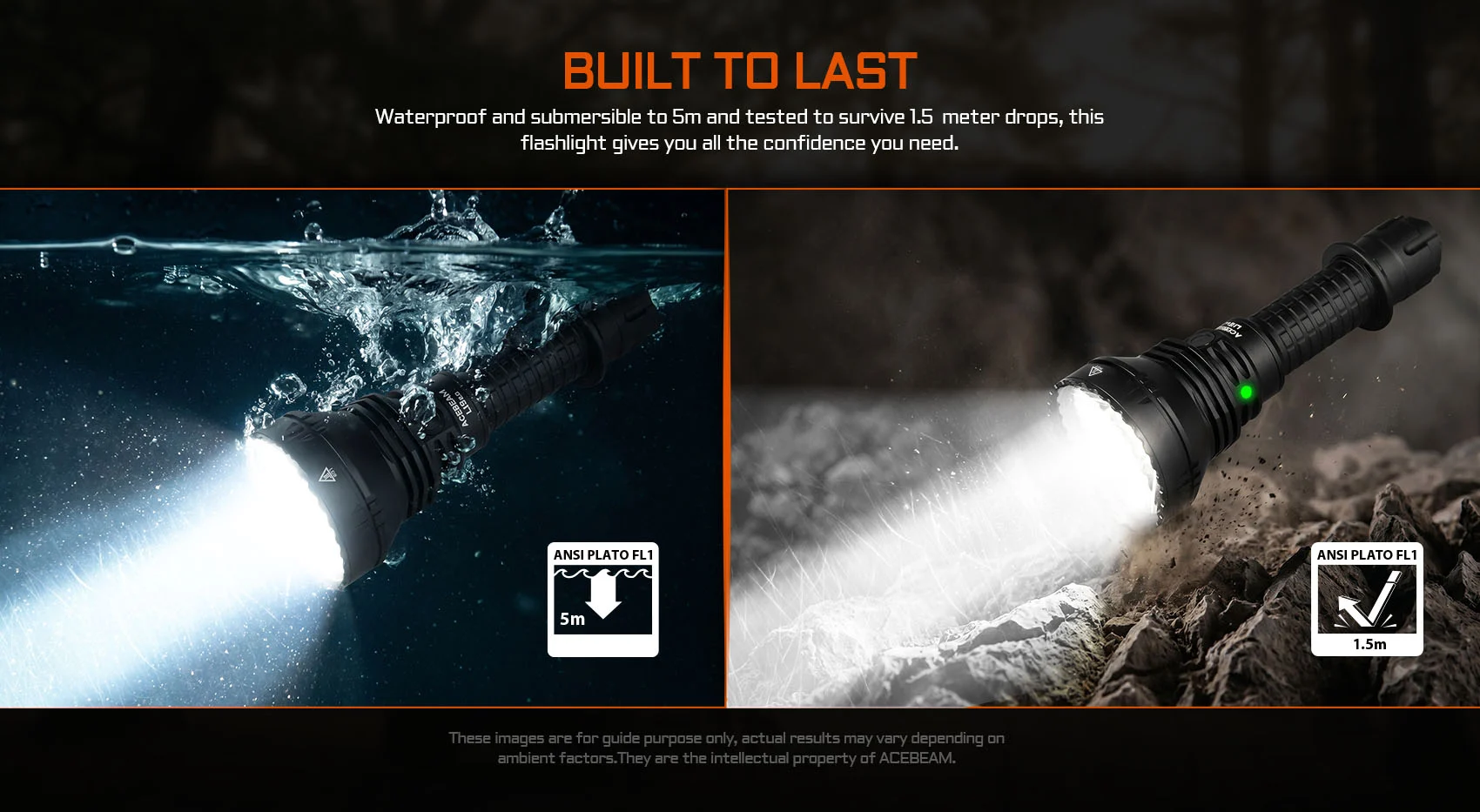 Acebeam L19 2.0 waterproof torch tested to 5m submersion and 1.5m impact resistance