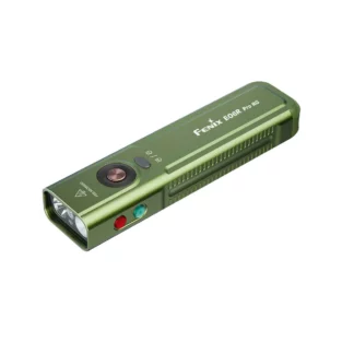 Green Fenix E06R Pro RG compact flashlight with front lens and side button (green body)./A close view of the Fenix E06R Pro RG flashlight in green, showing the lens and controls.