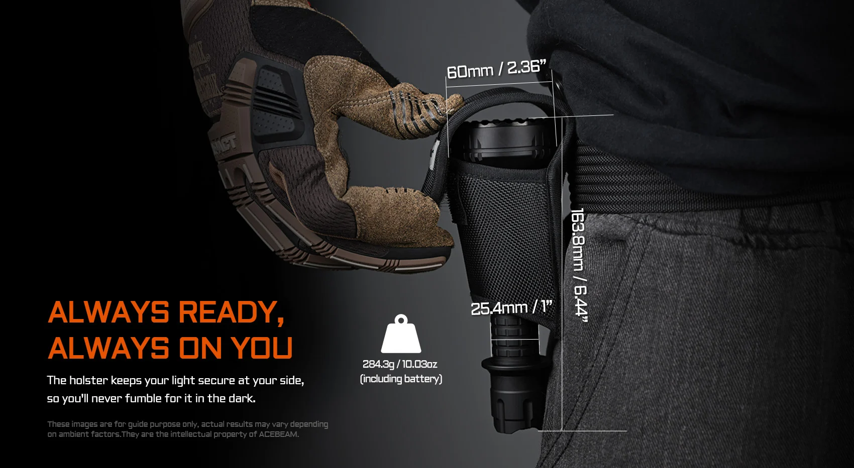 Acebeam L19 2.0 in holster showing 163.8mm length, 60mm head and 284.3g weight