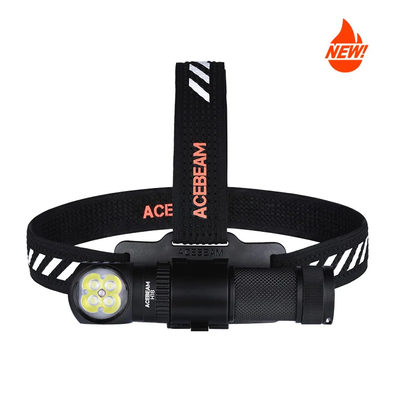 Acebeam four-LED headlamp mounted on an adjustable black head strap, labeled ACEBEAM, with a new product badge in the corner.