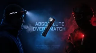 Two people in tactical gear face off in a dark scene, a handheld flashlight centered between them and the text 'ABSOLUTE OVERMATCH' in blue/red lighting.