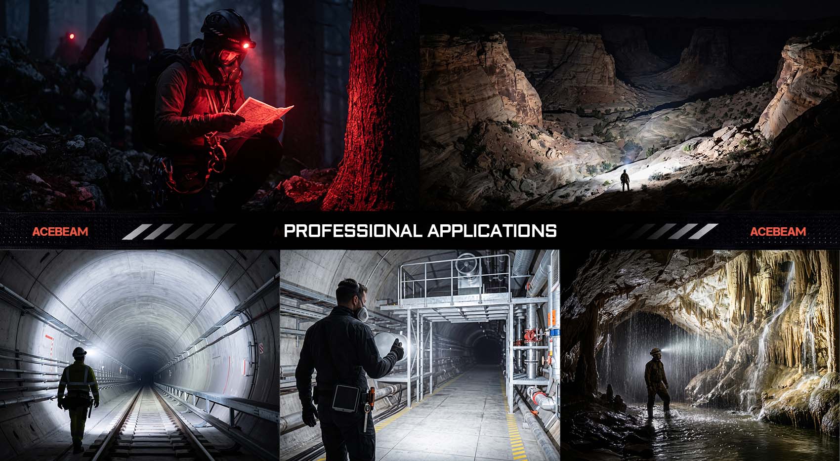 Acebeam professional lighting collage: climber with headlamp reading a map in a dark forest at night.
