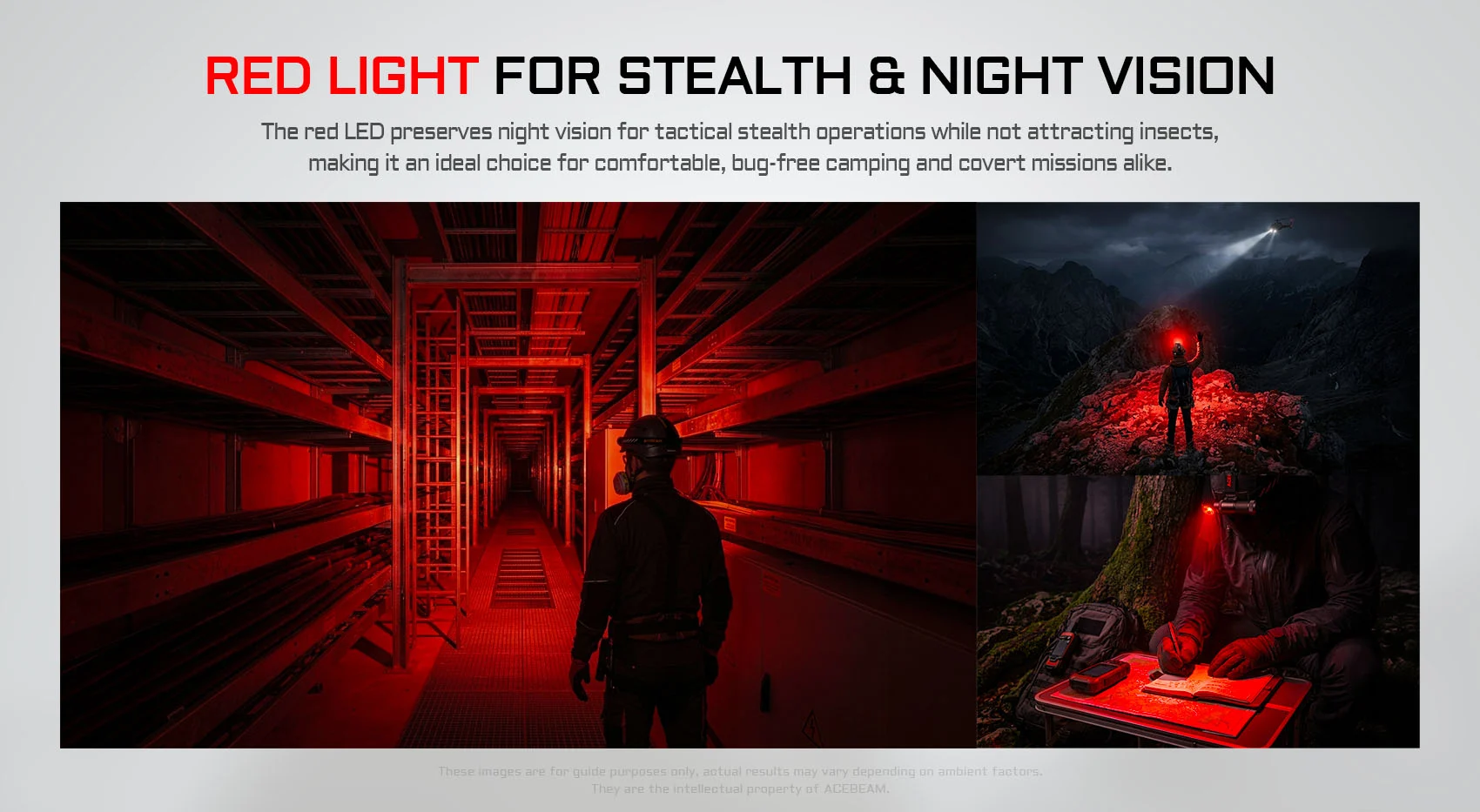 Collage showing red-light gear for stealth: a worker in a red-lit tunnel, a person on a dark mountain with a red glow, and a field worker writing by a tree at night.