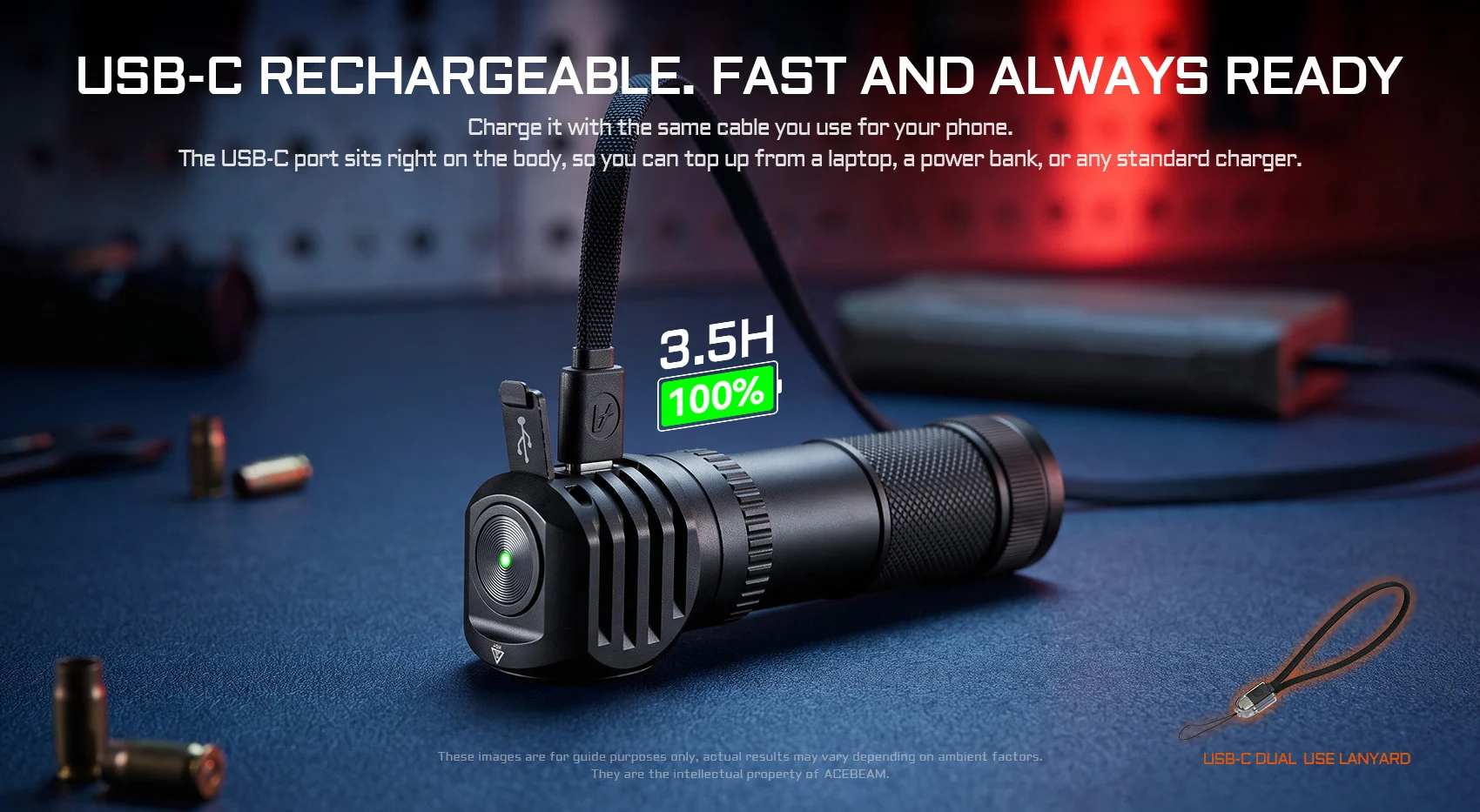 Close-up of a black USB-C rechargeable flashlight on a blue workbench, connected to a charger; badge shows 3.5H and 100%.