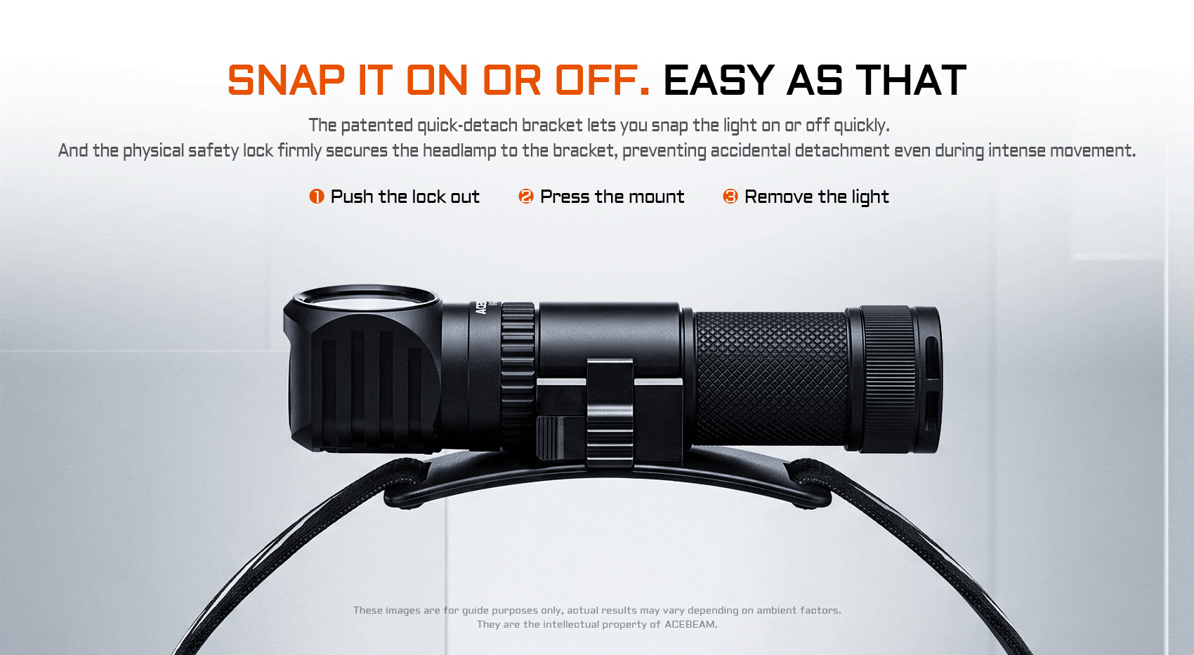 Promotional hero image showing a black flashlight mounted on a bracket with an orange, bold headline and gray subheading text above a light gray background, plus a curved strap below the flashlight.