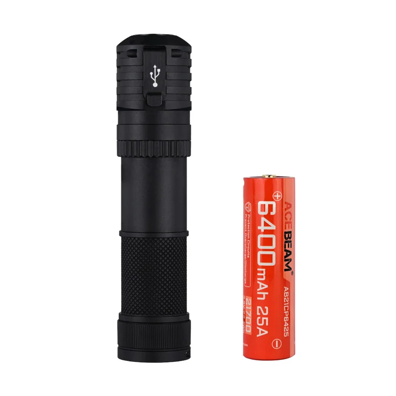 Compact black flashlight with knurled grip beside a red 6400 mAh 25A battery.
